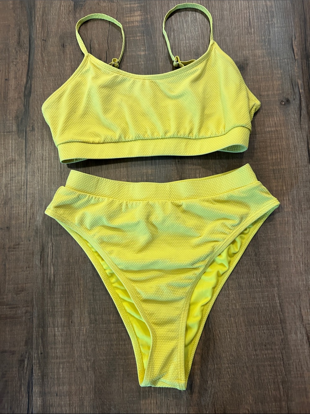 Textured Neon Yellow Two-Piece Bikini Set-High waisted bottoms-Size Medium